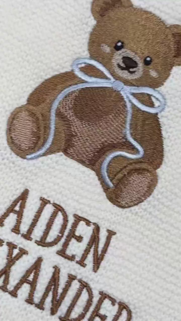 Personalized Embroidered Teddy Bear Baby Blanket with Name, Custom Knit Newborn Gift, Gift For Baby