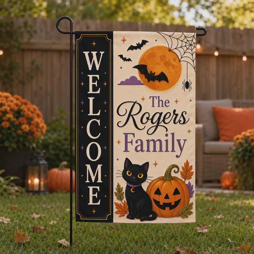 Personalized Halloween Garden Flag, Black Cat Pumpkin Family Name Yard Decor, Welcome Porch Flag