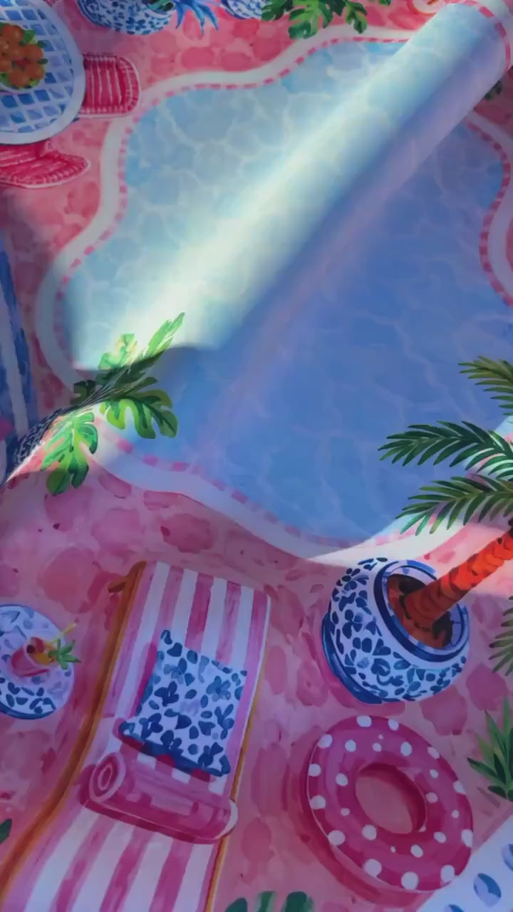 Palm Beach Poolside Mahjong Mat, American Mahjong Mat, Pink Resort Cabana Garden, Tropical Chinoiserie Mahjong Gift