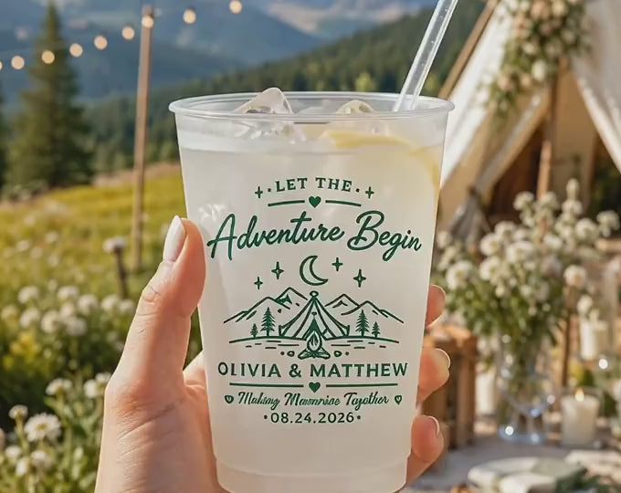 Custom Wedding Frosted Cups, Let the Adventure Begin Cups, Mountain Wedding Favors