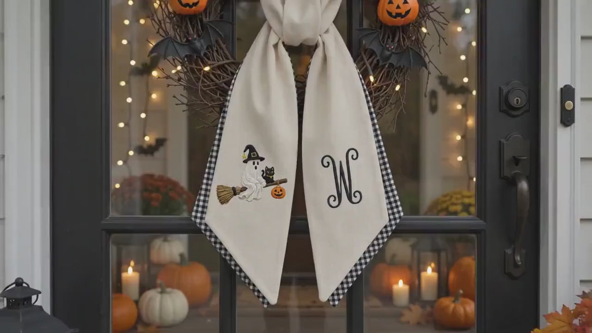 Personalized Ghost With Black Cat Halloween Wreath Sash Bow, Embroidered Ghost Door Hanger, Custom Monogram Fall Porch Decoration