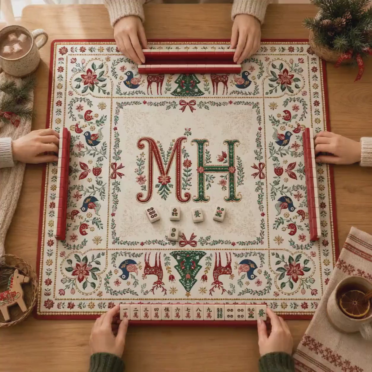 Custom Mahjong Mat Gift for Her, Scandi Folk Christmas Theme Neoprene Mah Jongg Table Cover, White Green Red Room Decor