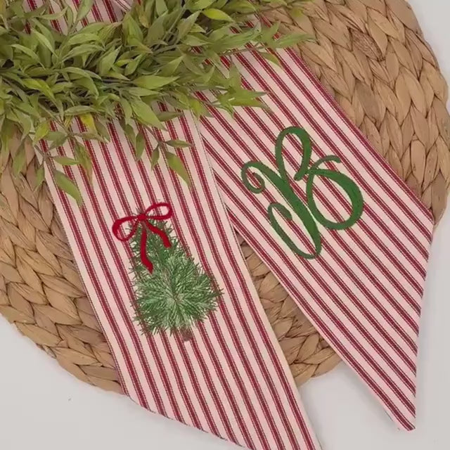 Personalized Christmas Tree Wreath Sash, Red Ticking Stripe Front Door Bow, Embroidered Holiday Decor