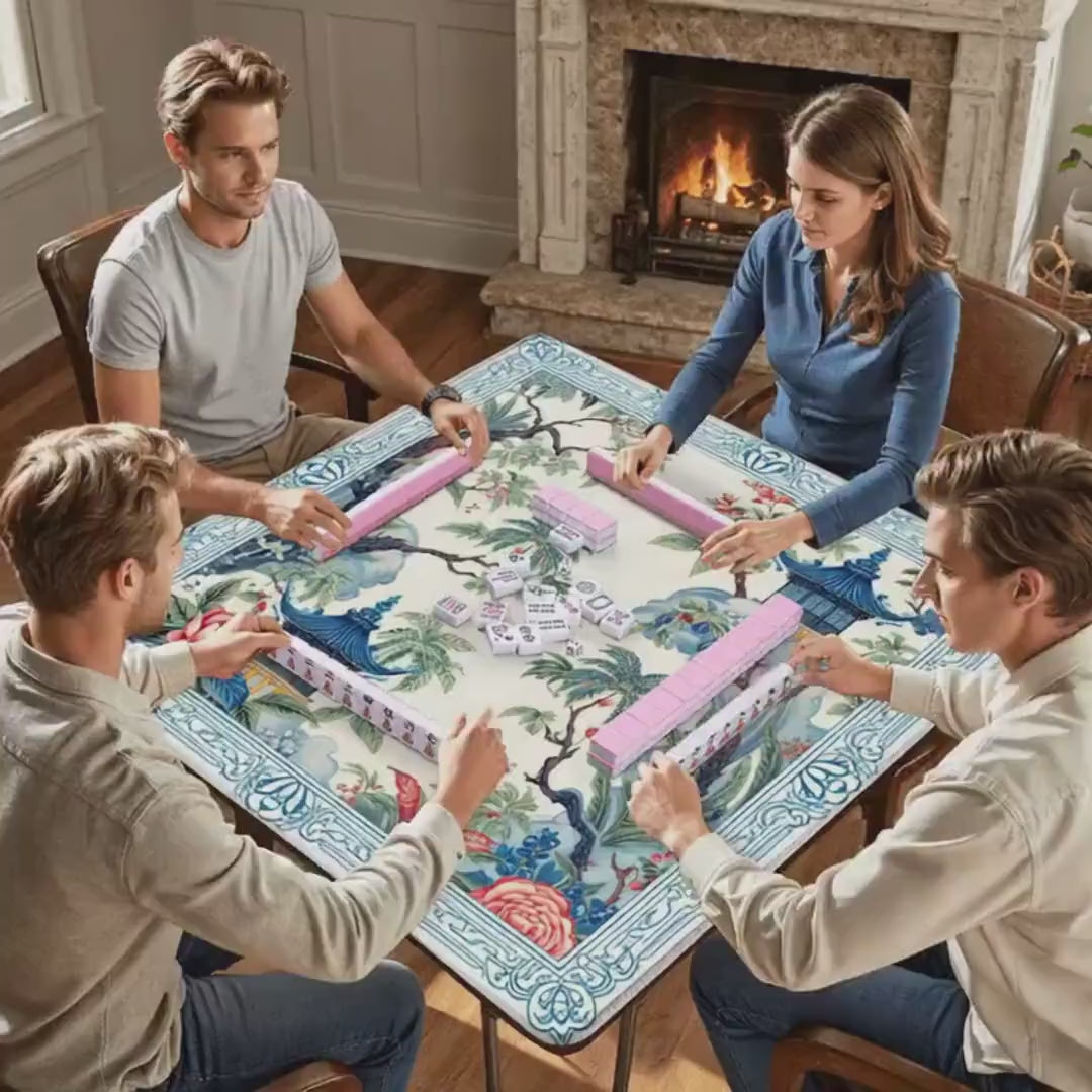 Tropical Garden Mahjong Mat, Blue Pagoda Bird Design Mat