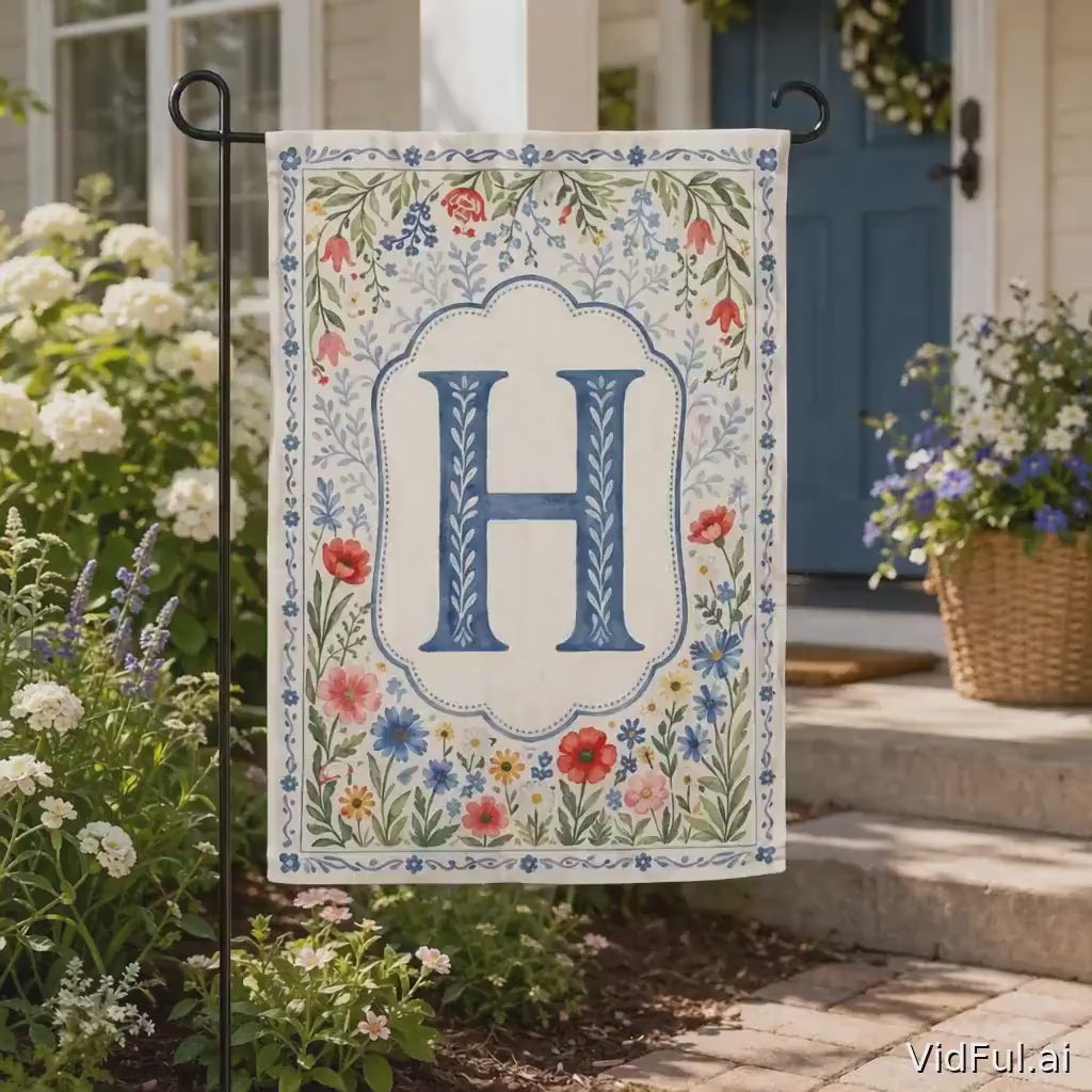 Personalized Crest Floral Preppy Coquette Initial Garden Flag, Watercolor Chinoiserie Flag