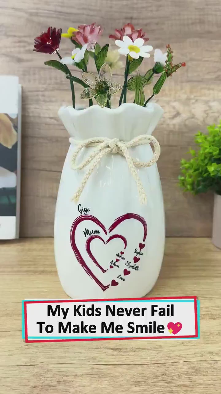 Personalized Mom Grandma Heart Flower Vase, Custom Names Family Vase