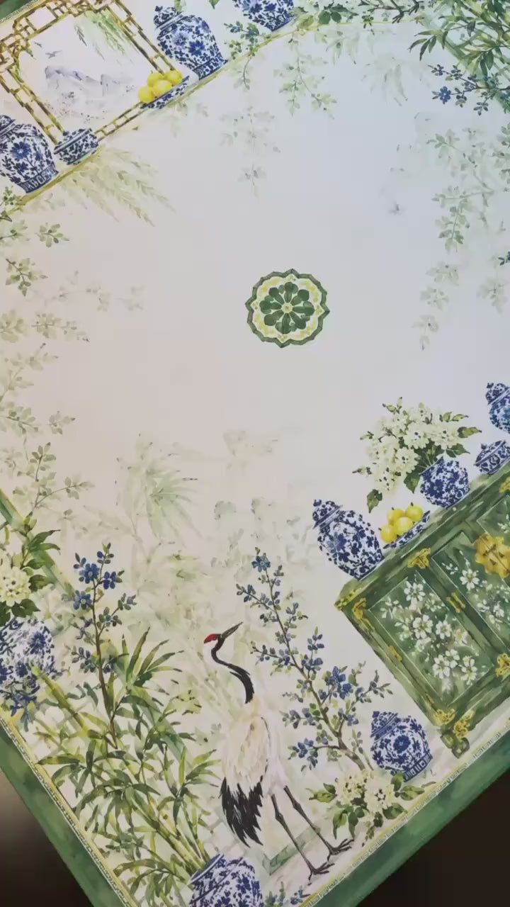 Green Chinoiserie Crane Mahjong Mat, American Mahjong Mat, Bamboo Garden Porcelain, Grandmillennial Mahjong Gift