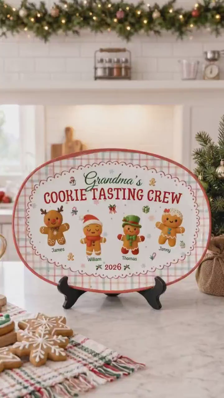Custom Name Cookie Platter Grandma’s Official Tasing Crew, Personalized Gingerbread Christmas Plate, Grandkids Name Platter Gift