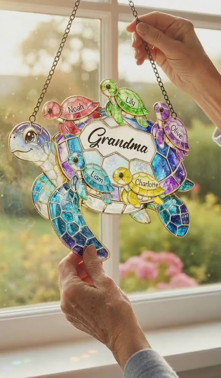 Personalized Sea Turtle Family Suncatcher, Custom Name Acrylic Window Art
