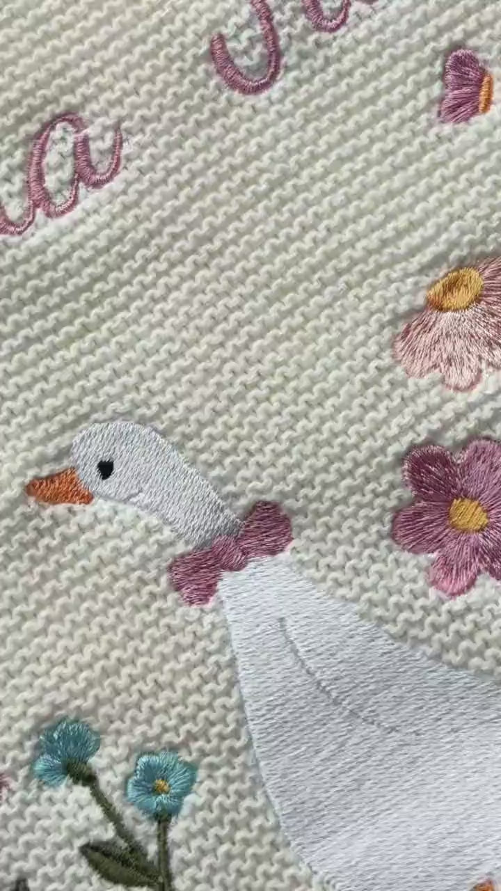 Personalized Embroidered Goose Baby Blanket with Name, Custom Floral Knit Newborn Gift for Newborn, Gift for Baby