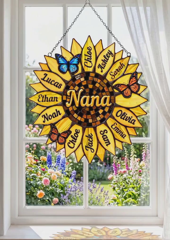 Personalized Sunflower Acrylic Suncatcher, Custom Family Names Faux Butterfly Decor