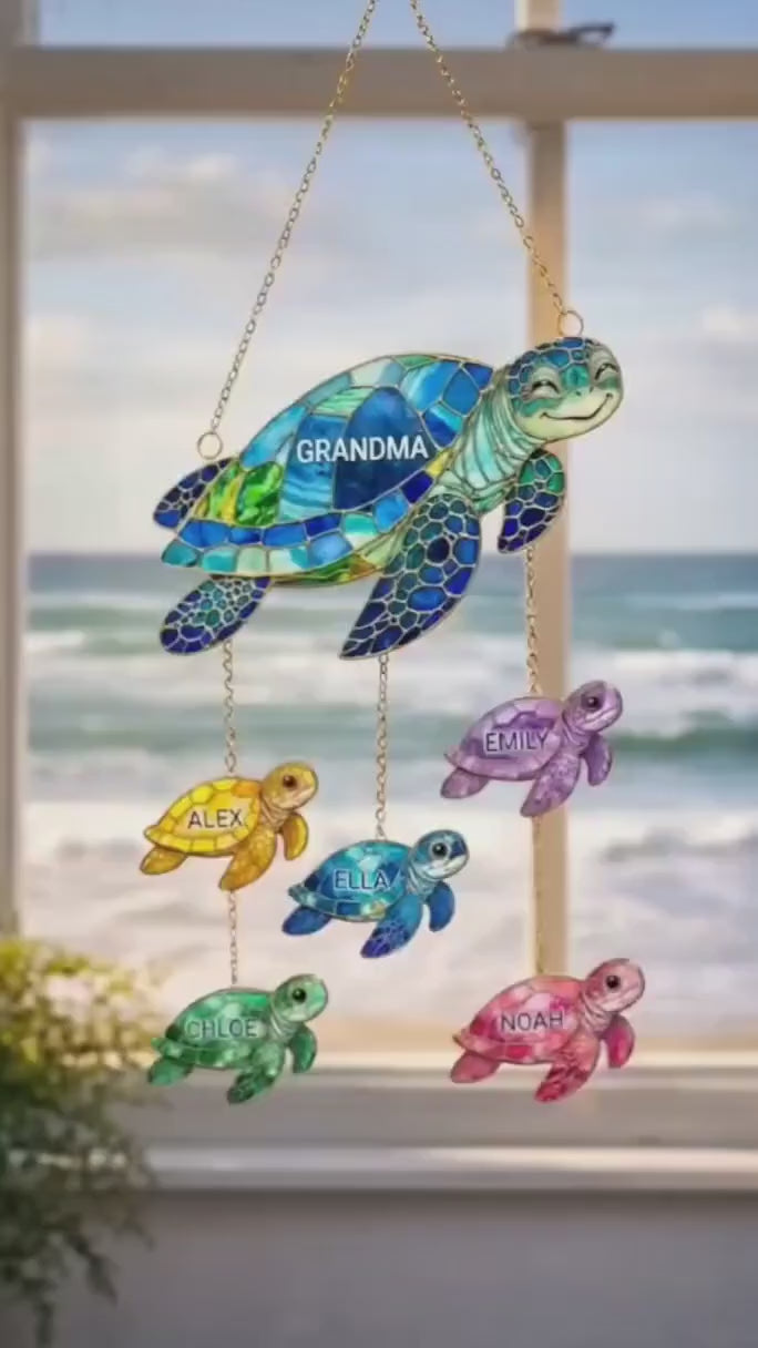 Personalized Grandma& Kids Sea Turtle Suncatcher, Sea Turtle Family Suncatcher