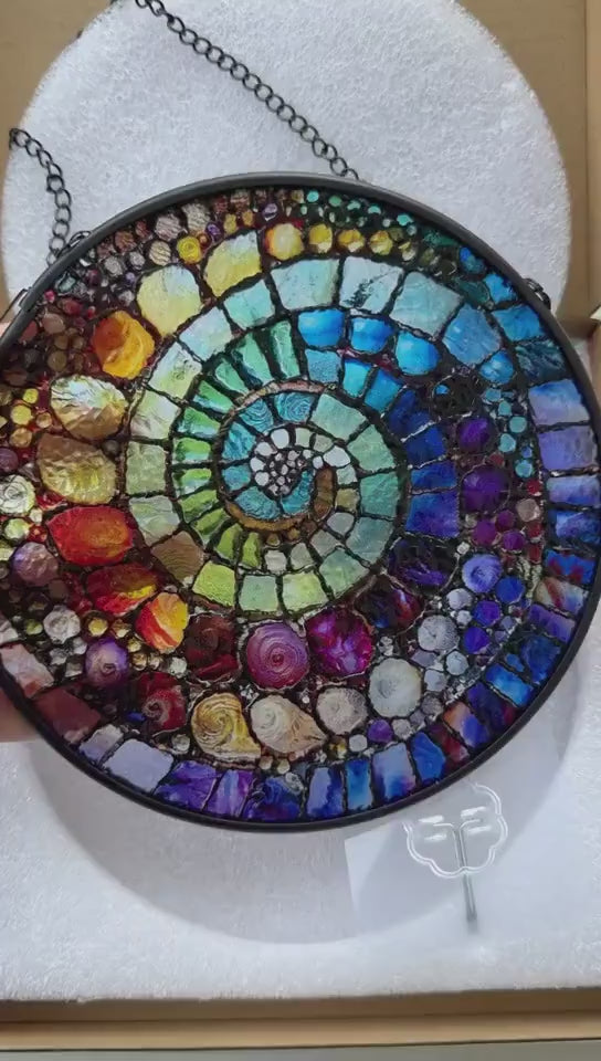 Abstract Rainbow Shell Spiral Suncatcher Stained Glass Coastal Beach Gift