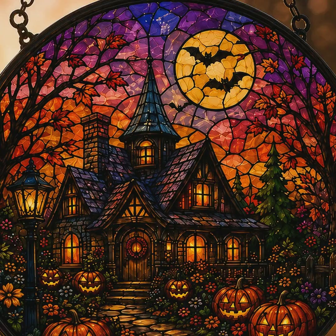 Haunted House Halloween Suncatcher, Pumpkin Stained Glass Window Hanging, Gothic Fall Decor, Spooky Halloween Gift
