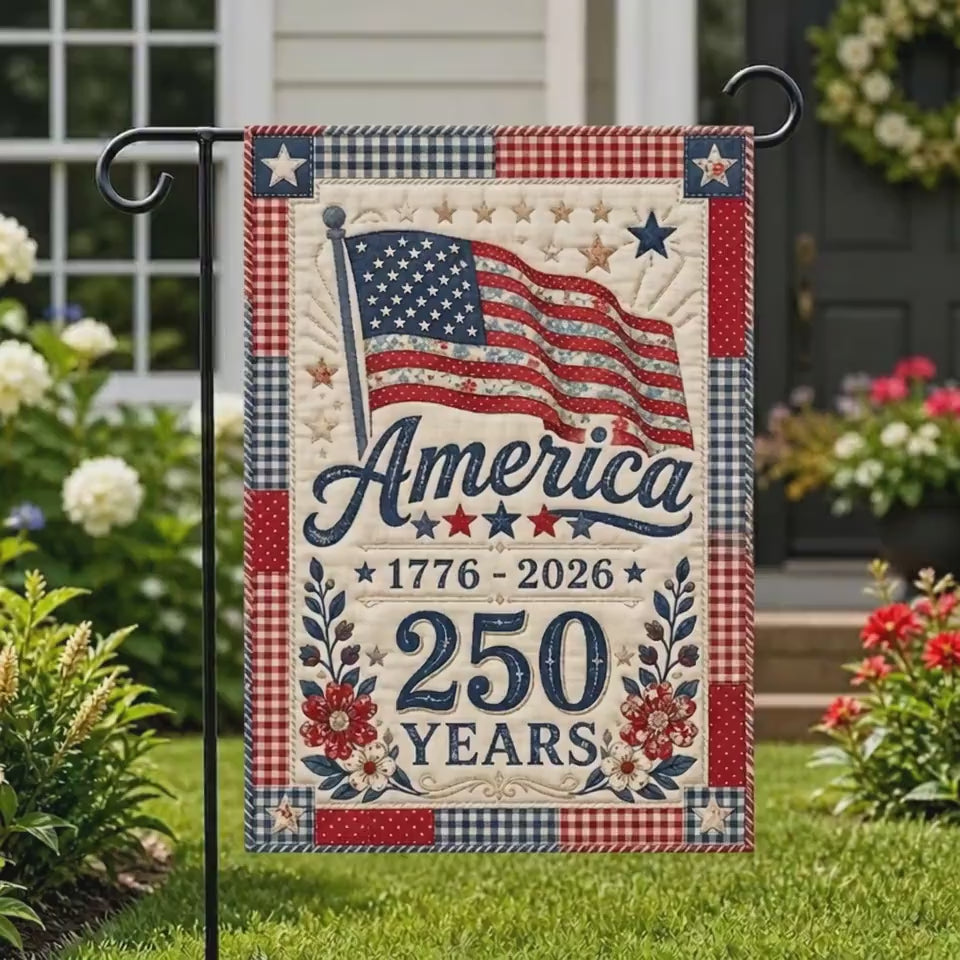 Faux Red White Blue Patchwork 250th Anniversary America Garden Flag, 1776-2026 Independence