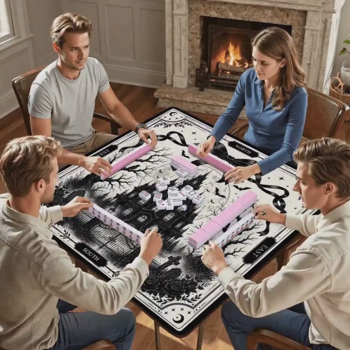 Gothic Manor Mahjong Mat, Haunted House Mahjong Mat, Halloween Mahjong Mat, Black and White Gothic Mahjong Mat