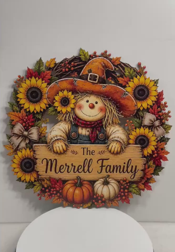 Personalized Scarecrow Sunflower Wreath Sign, Custom Family Name Fall Door Hanger, Thanksgiving Porch Decor