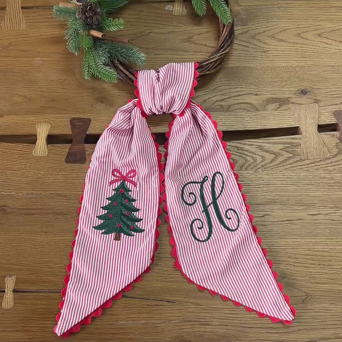 Personalized Christmas Wreath Sash, Embroidered Monogram Tree Bow, Red Ticking Stripe Porch Decor