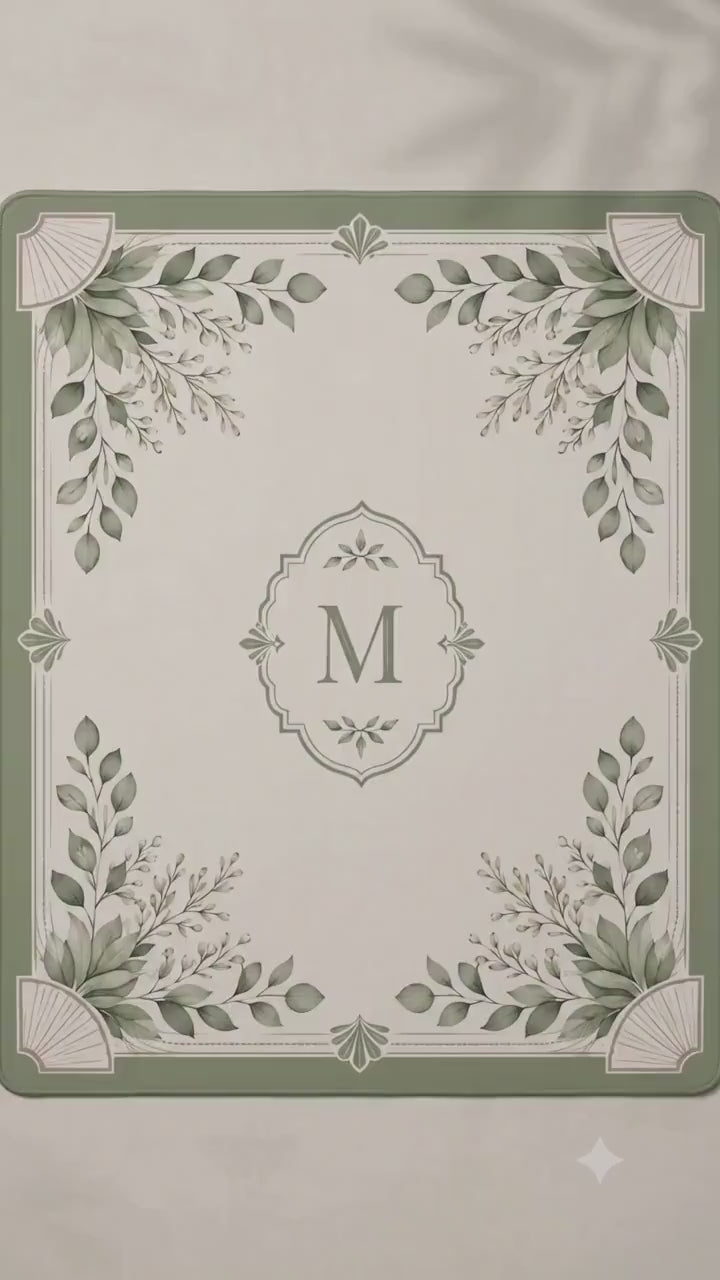 Personalized Sage Botanical Mahjong Mat, Custom Initial American Mahjong Mat, Luxury Neutral Garden Decor