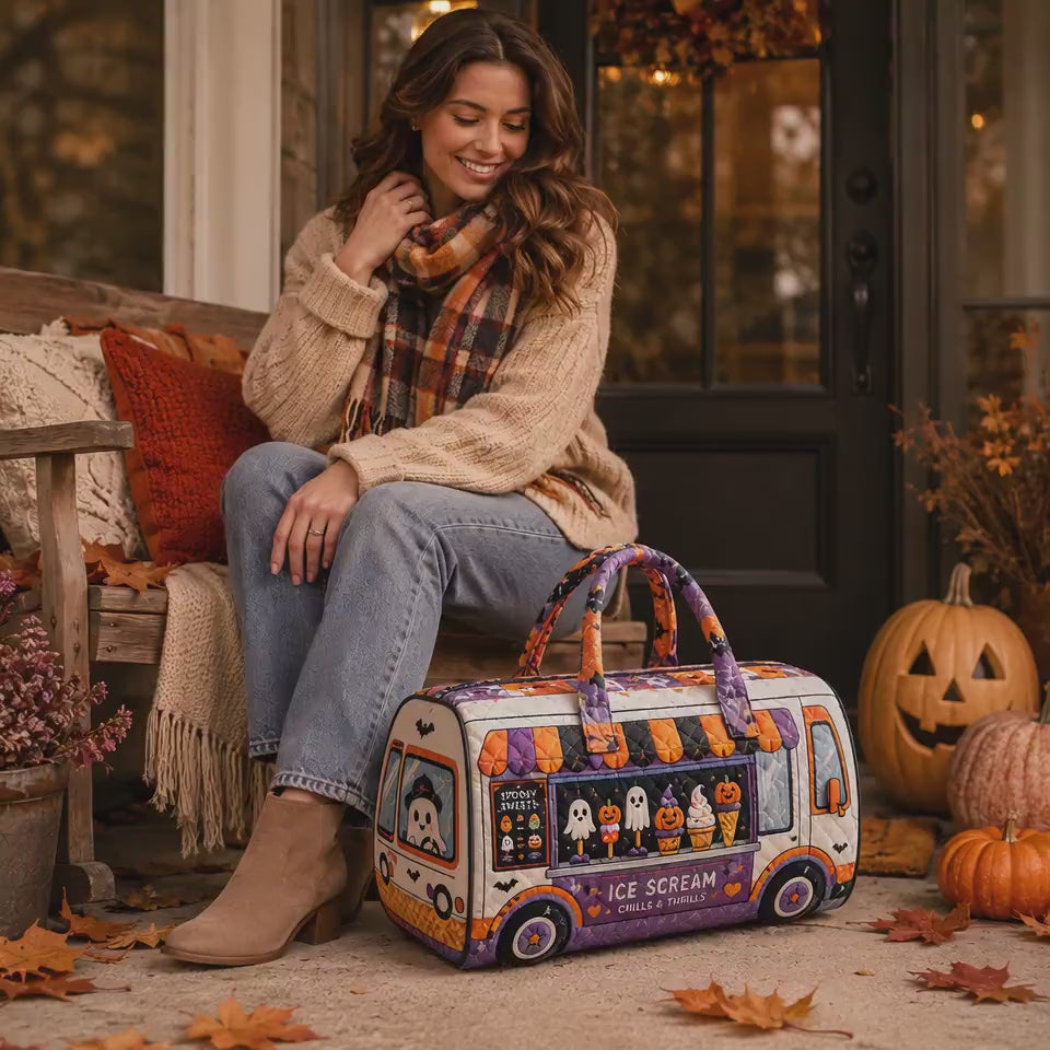 Halloween Ice Cream Truck Quilted Weekender Bag, Ghost Treats Travel Duffel, Spooky Cute Bag