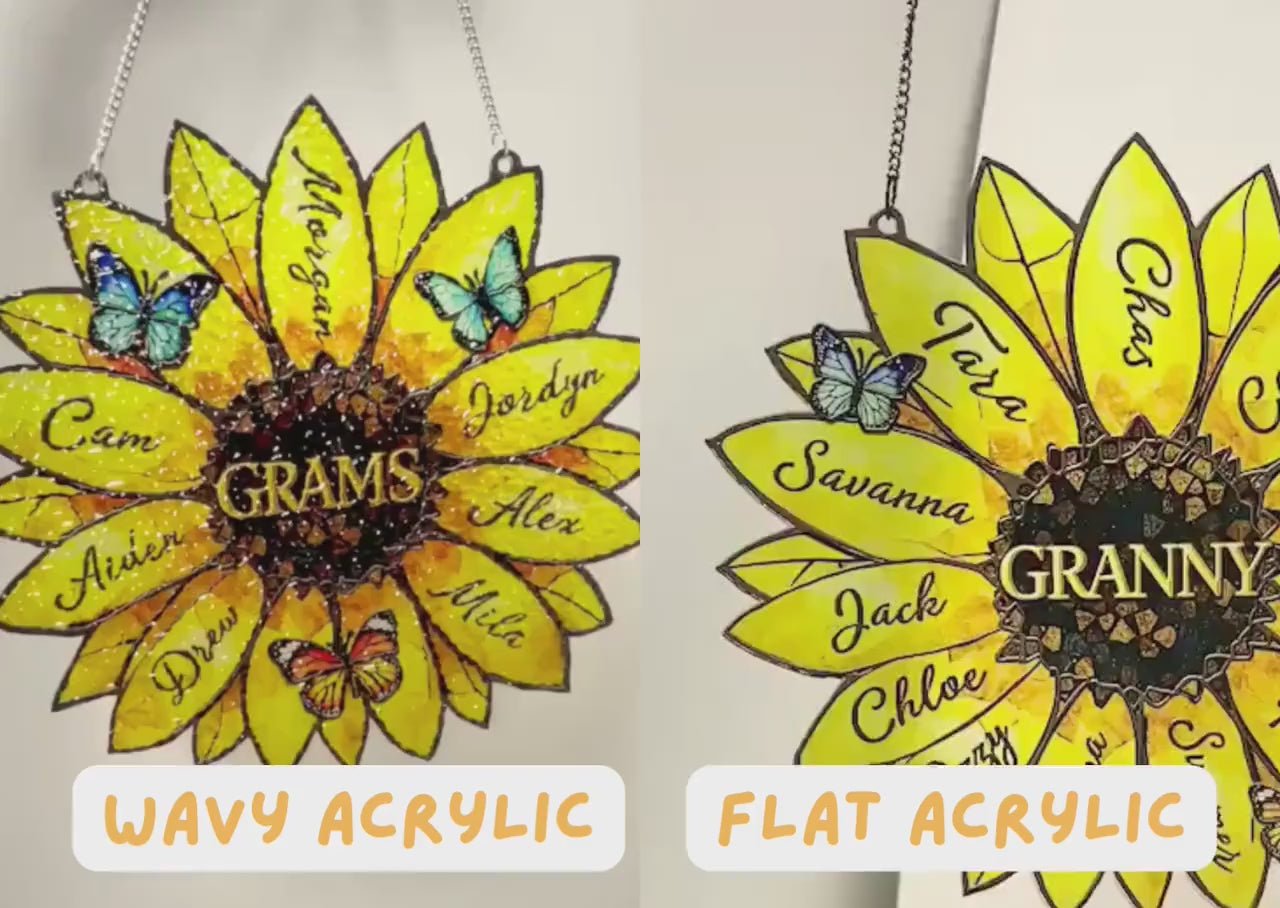 Personalized Sunflower Suncatcher, Custom Family Names, Stained Acrylic Window Art