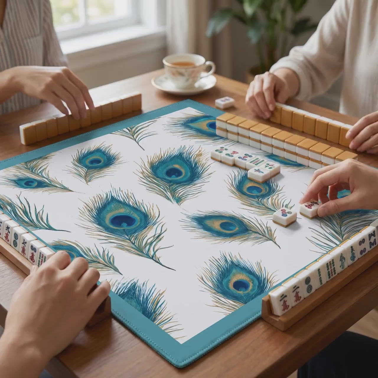 Peacock Feather Mahjong Mat, Non-Slip Game Table Mat