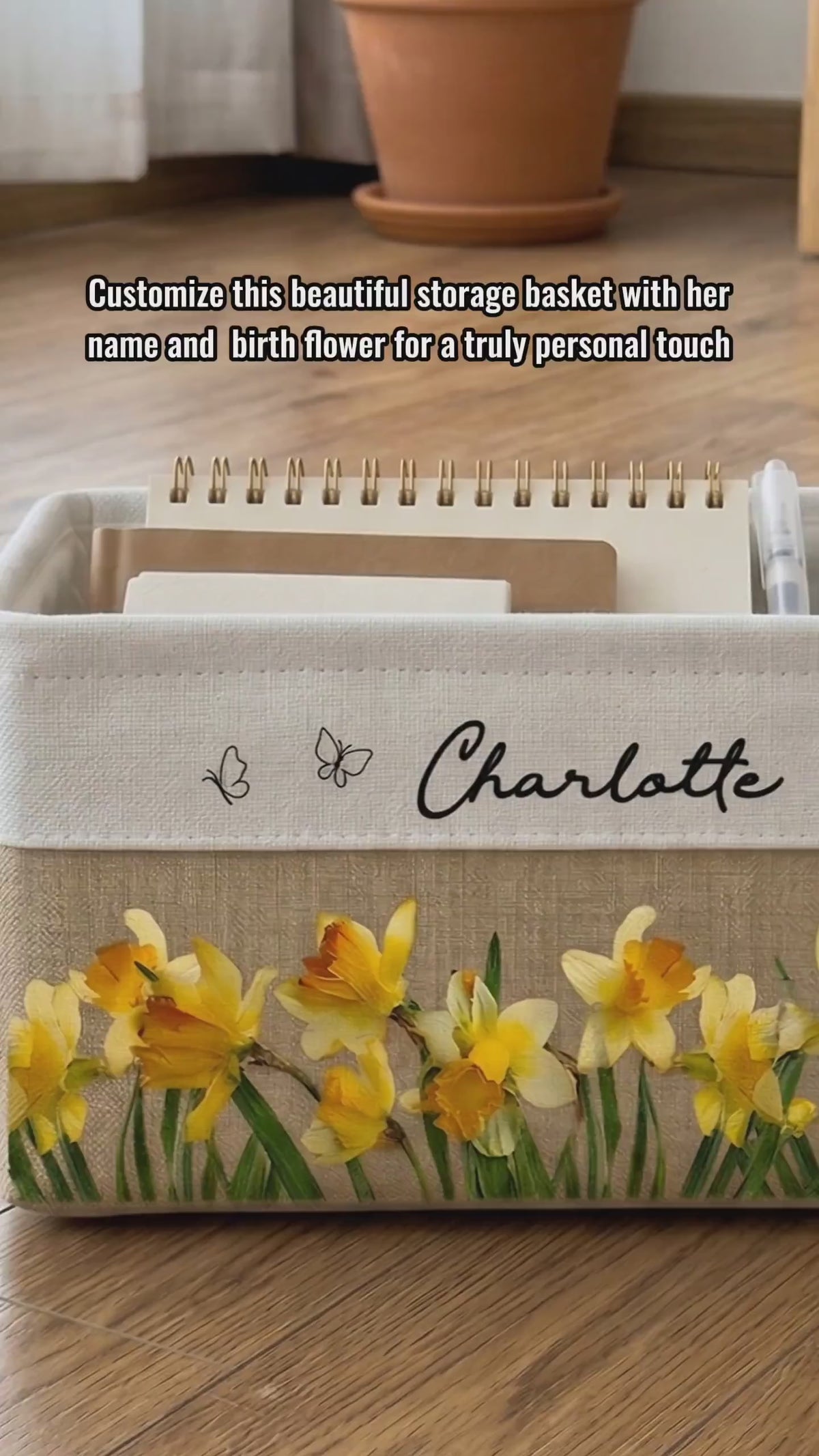 Personalized Birth Month Flower Storage Basket, Custom Birth Flower & Name Gift, Reading Birthday Gift