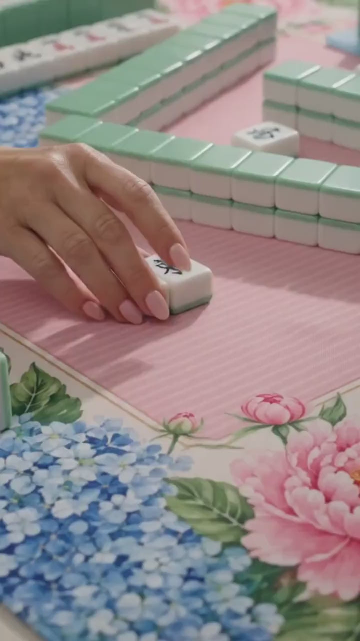 The Blue Palm Beach Poolside Mahjong Mat, American Mahjong Mat, Blue Chinoiserie Resort