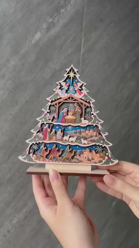Nativity Scene Tree Wooden Sign, Nativity Tree Christian Gift, Holy Family Manger Christmas Decor, Jesus Faith Gift