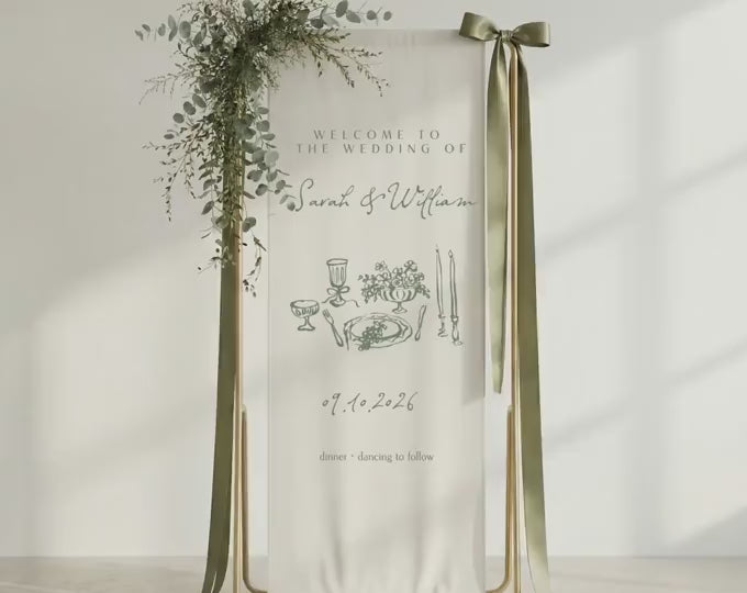 Custom Botanical Wedding Welcome Sign, Fabric Banner