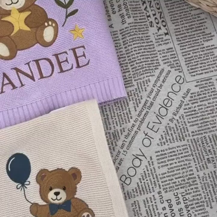 Personalized Teddy Bear Embroidered Baby Blanket, Custom Name Woodland Cabin Nursery Keepsake, Gift For Baby