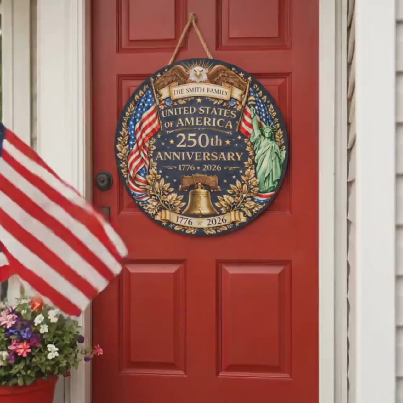 250th Anniversary Wood Wreath Personalized Patriotic Door Sign Decor 1776-2026 Family Name Gift
