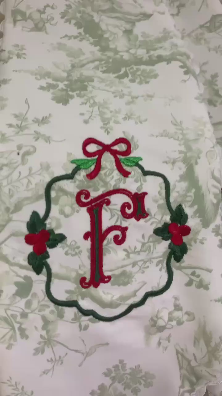 Embroidered Monogram Christmas Tree Wreath Sash, Toile Front Door Ribbon, Grandmillennial Gift