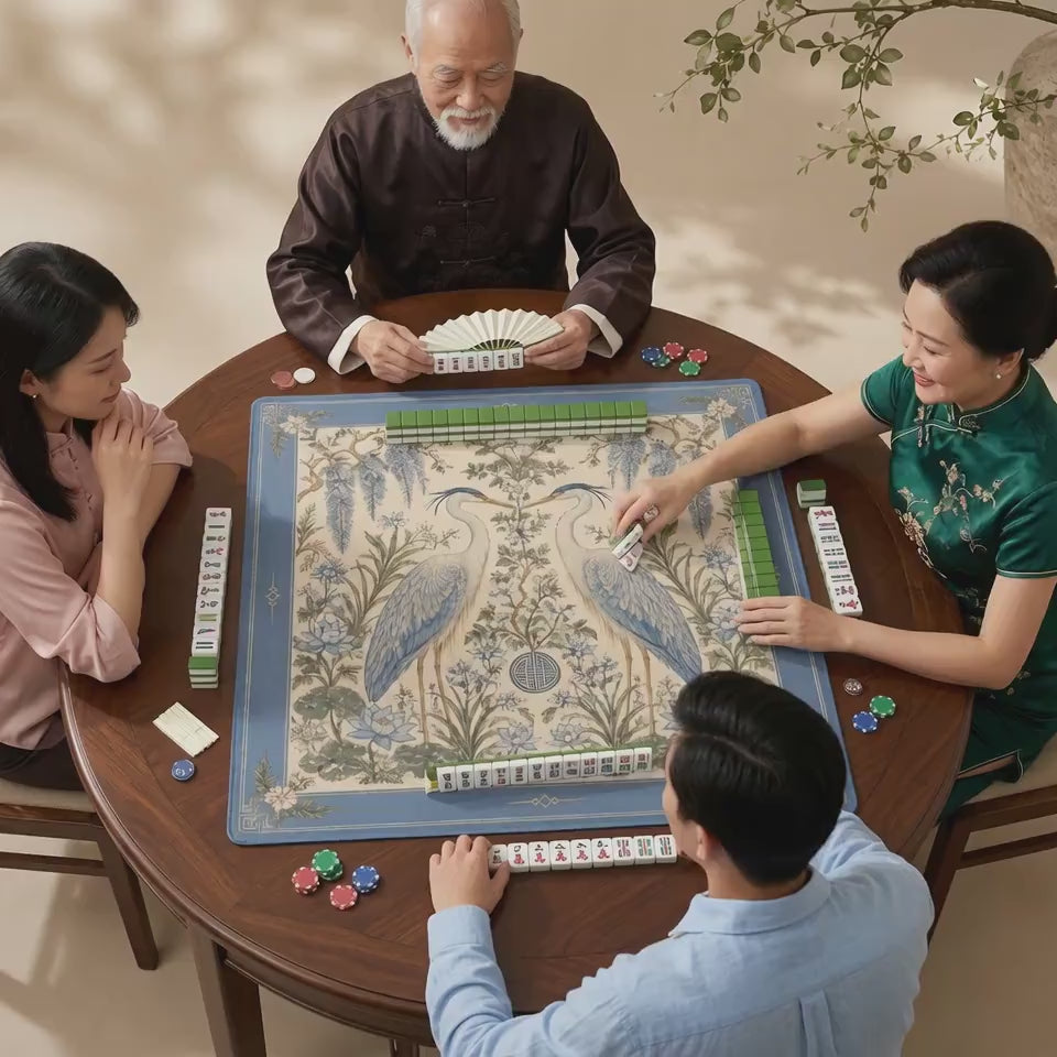 Heron Mahjong Mat, Blue Crane Chinoiserie Game Mat with Wisteria Lotus Design, Non-Slip Mah Jongg Table Cover