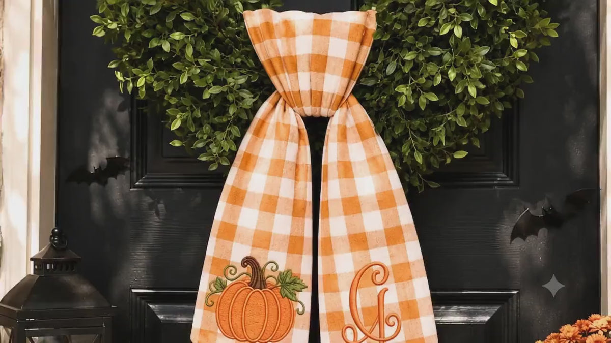 Personalized Pumpkin Wreath Sash, Embroidered Fall Monogram Gingham Door Bow, Thanksgiving Decor