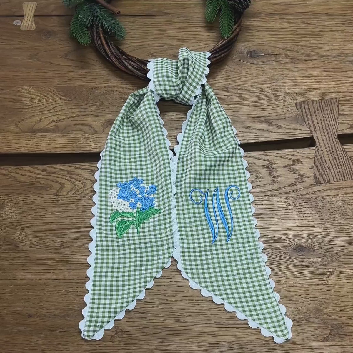 Blue Hydrangea Wreath Sash, Embroidered Door Decor, Ticking Stripe Front Porch Wreath Bow