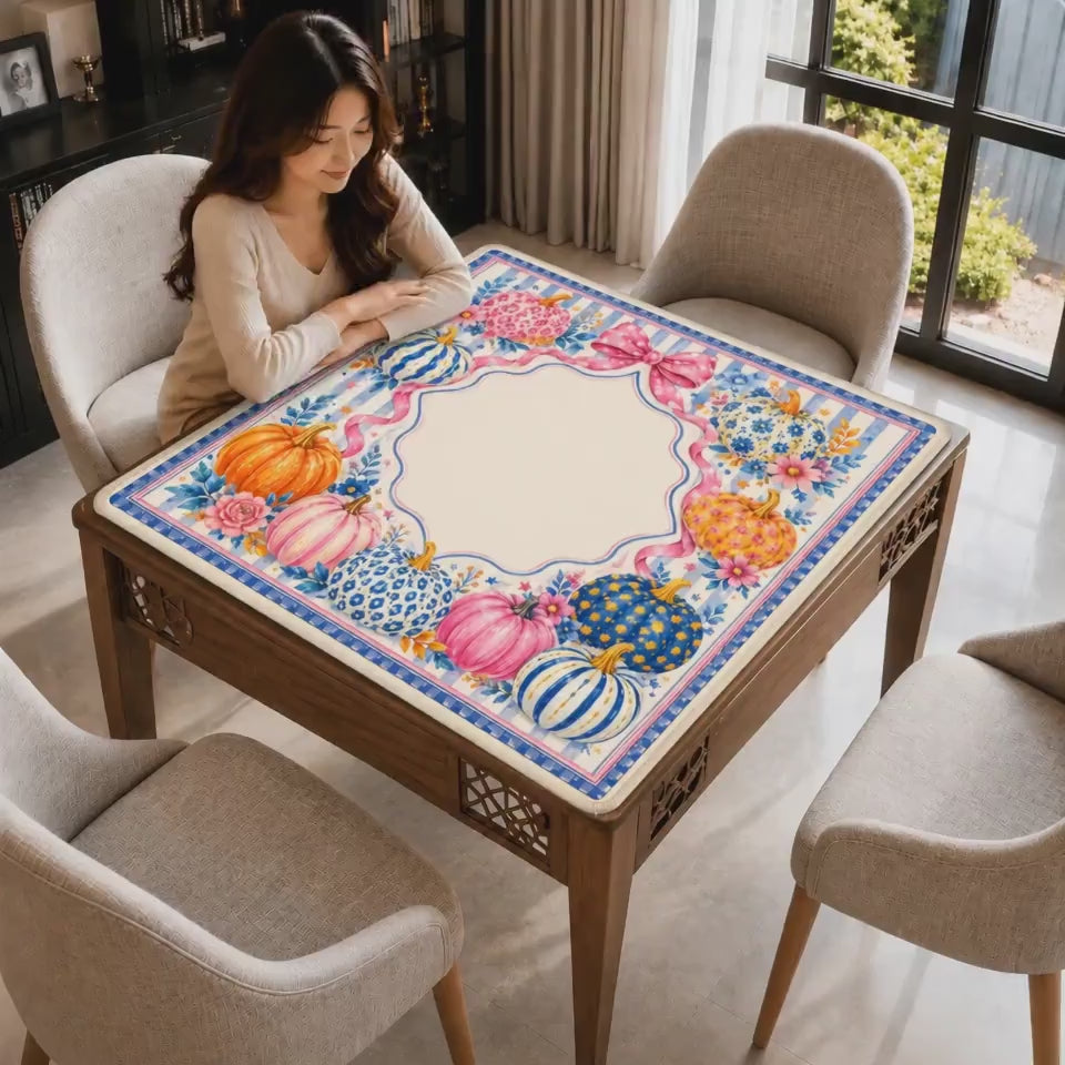 Pumpkin Blossom Mahjong Mat, Pink and Blue Pumpkin Mahjong Mat, Coquette Fall Mahjong Mat