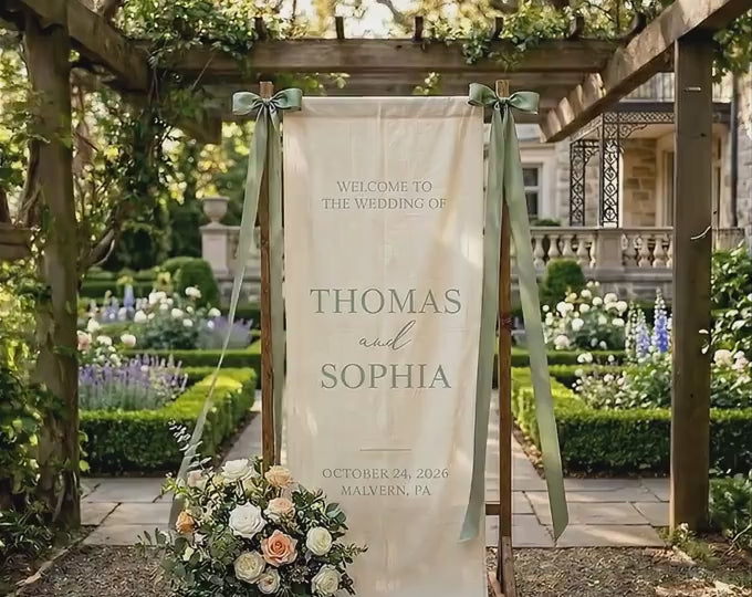 Personalized Wedding Welcome Sign, Sign with Ribbon, Modern Engagement Party Decor