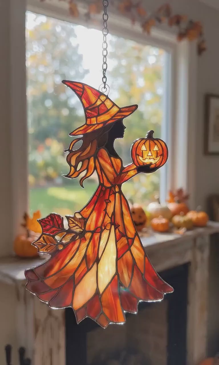 Halloween Witch Acrylic Suncatcher, Custom Faux Window Hanging, Pumpkin Lantern Fall Decor, Spooky Autumn