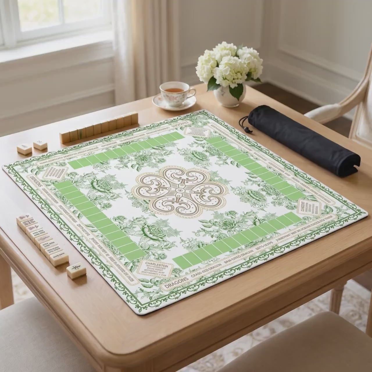 Green Floral Luxury American Mahjong Mat, Non Slip Game Pad