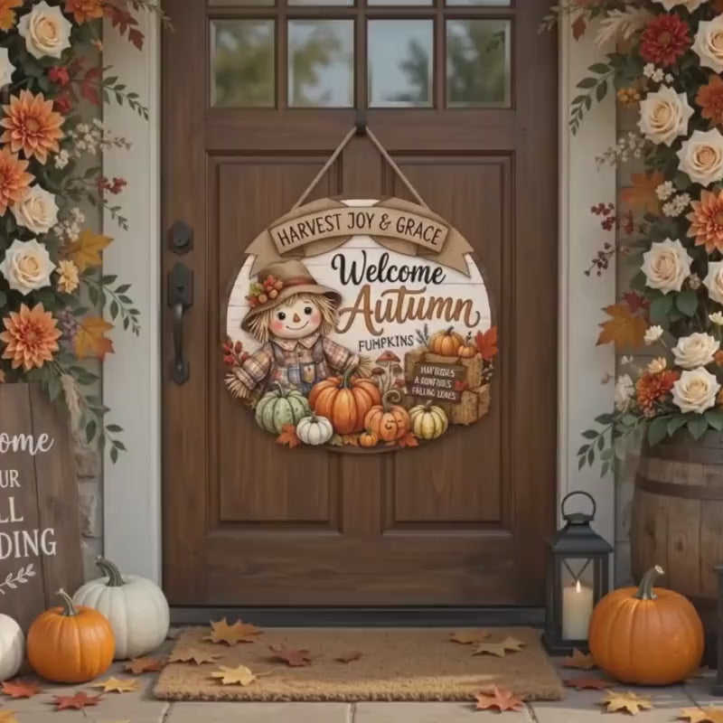 Welcome Autumn Door Hanger, Scarecrow Fall Door Sign, Pumpkin Thanksgiving Decor, Rustic Harvest Front Porch Wood Sign