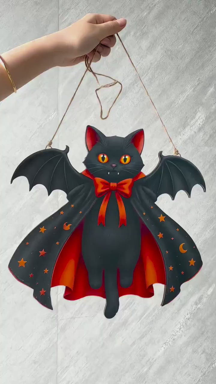 Halloween Black Cat Vampire Bat Wooden Sign, Spooky Witch Cat Sign, Halloween Front Door Decor, Gothic Wall Decor
