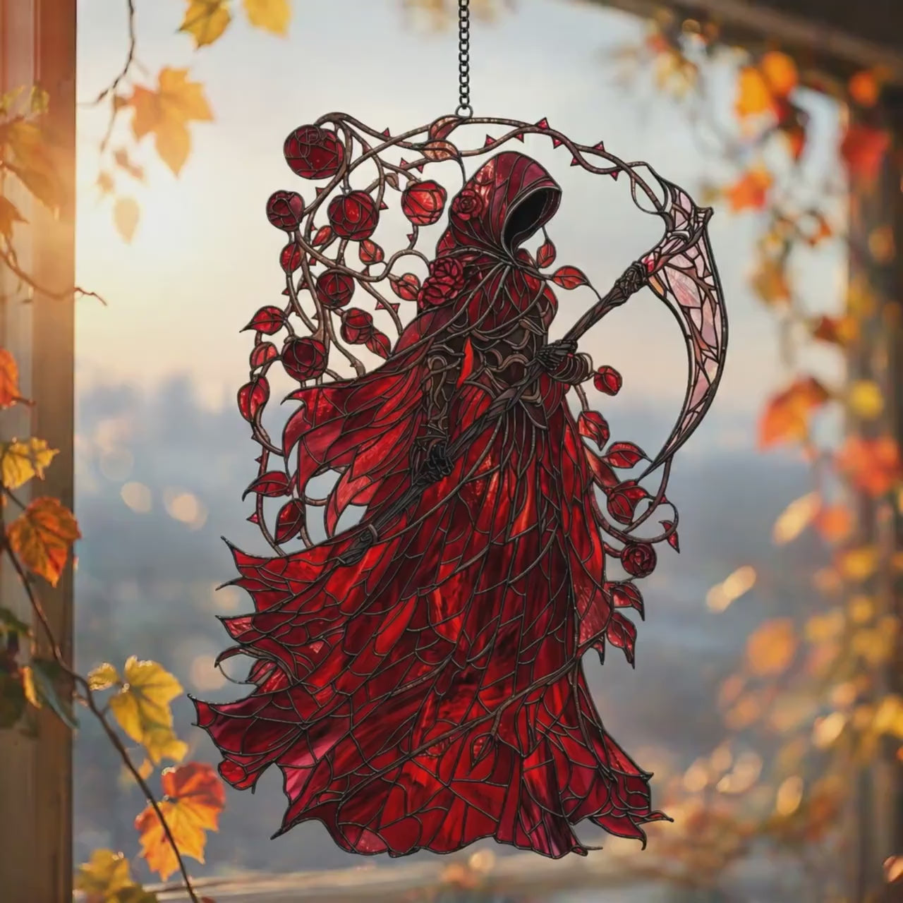 Red Rose Grim Reaper Acrylic Suncatcher, Gothic Faux Window Hanging