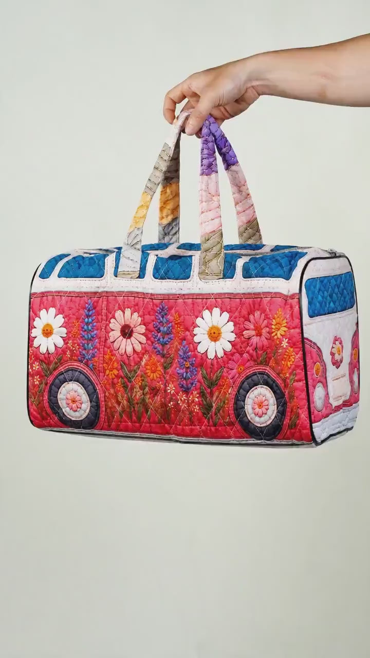 Camper Van Quilted Bag, Floral Travel Tote, Camping Van Purse Gift 2026, Lake Trip Carryall, Cute Camper Gift