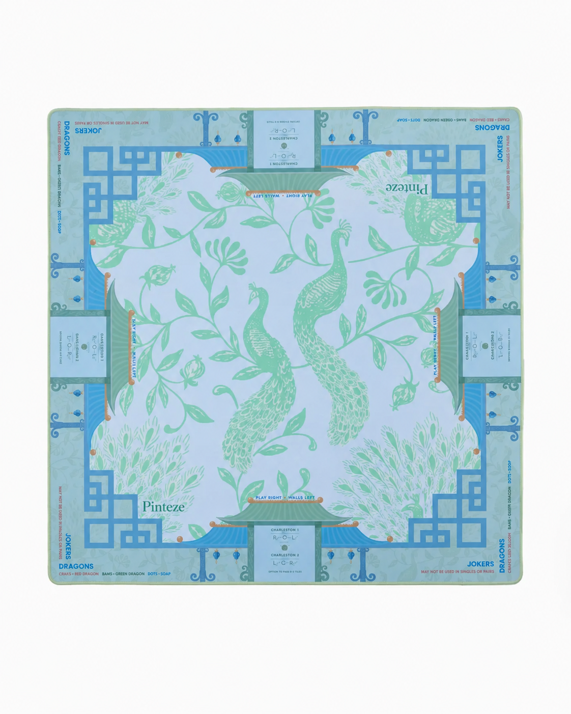 Isla Mahjong Mat, Non Slip Mahjong Table Cover, Chinoiserie Sky Blue Mint Peacock Pagoda Play Mat