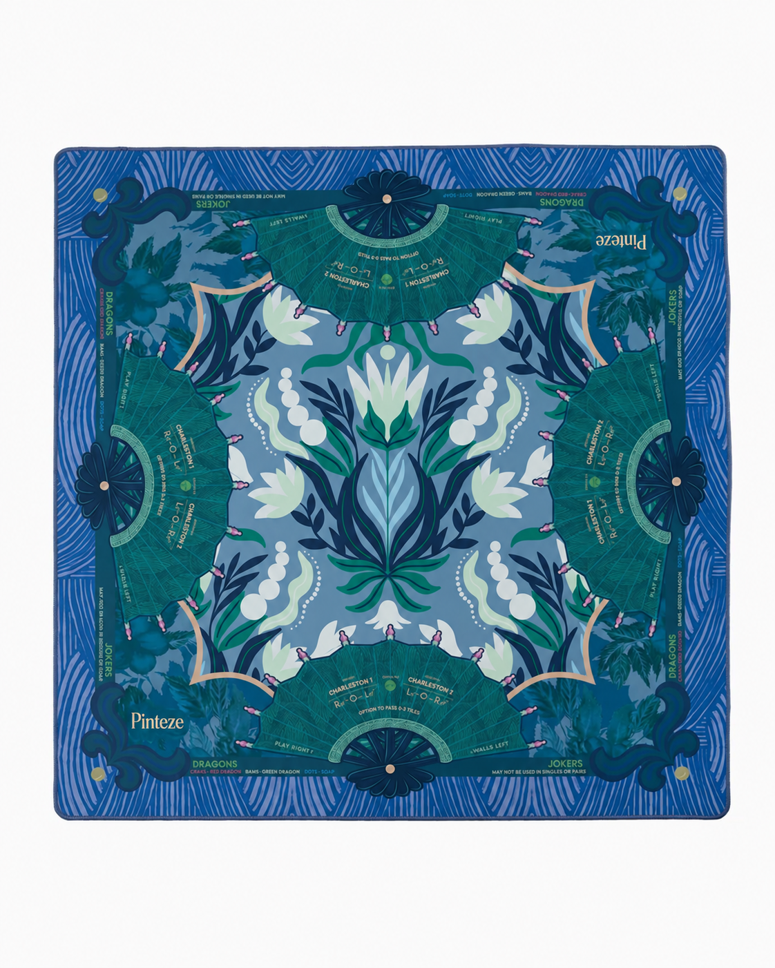 Jade Mahjong Mat, Non Slip American Mahjong Table Cover, Jade Green Royal Blue Fan Art Deco Game Night Gift