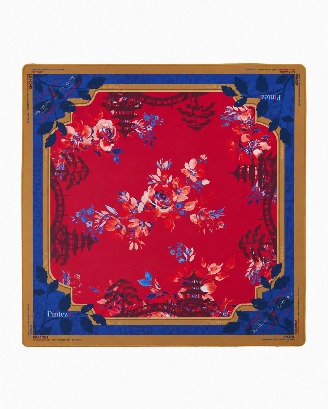 Scarlett Mahjong Mat, Non-Slip Table Play Mat, Crimson Red & Navy Chinoiserie Pagoda Floral Cover for American Mahjong
