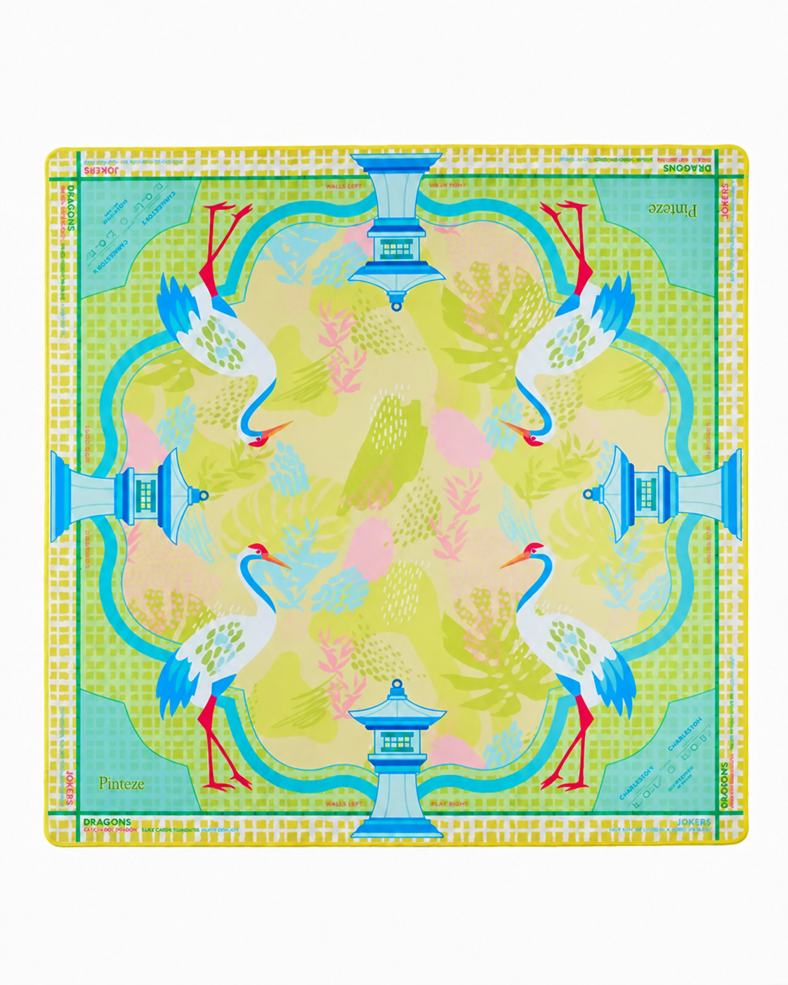 Hampton Mahjong Mat, Non Slip American Mahjong Table Cover, Yellow Blue Crane Pagoda Coastal Play Mat