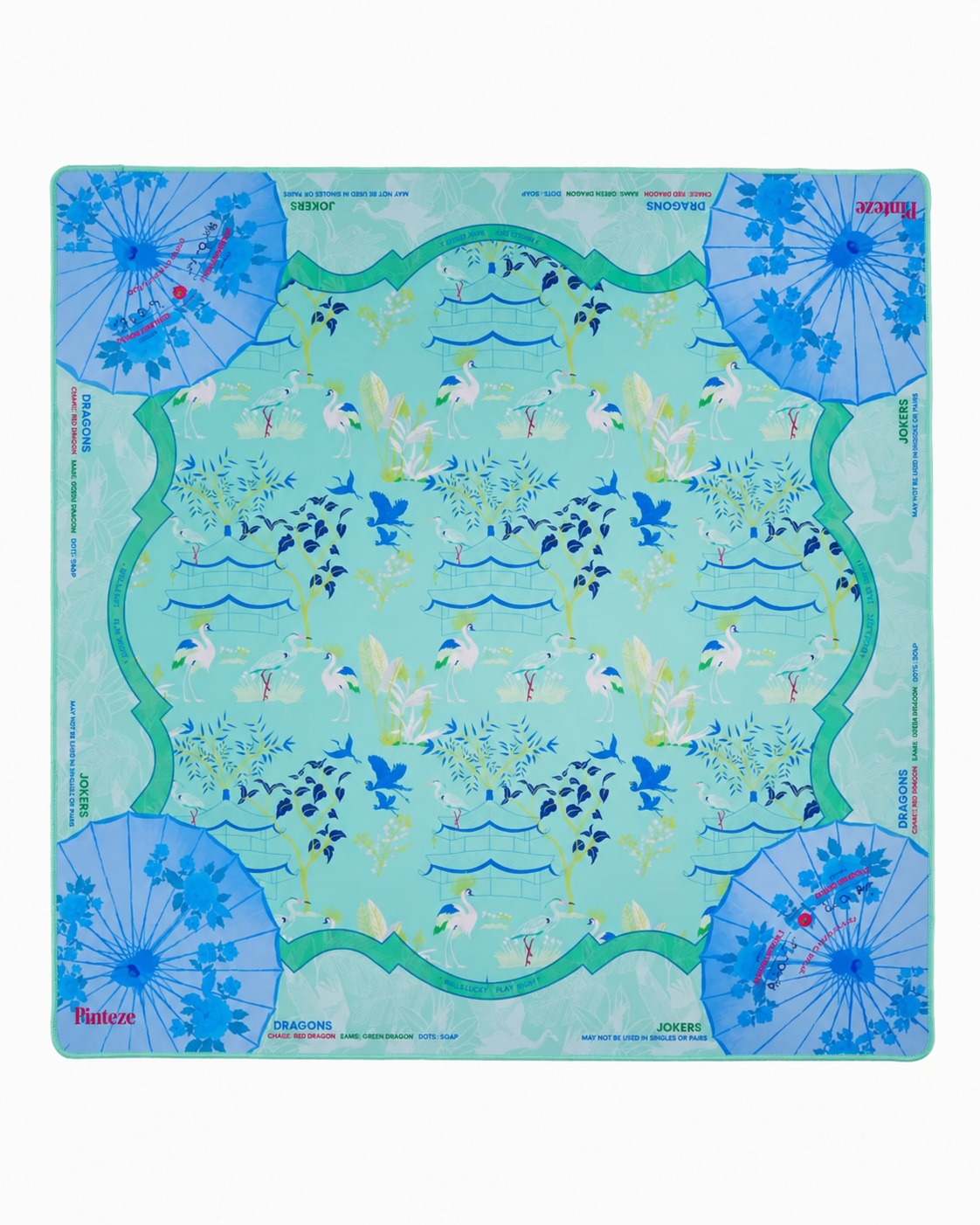 Veranda Mahjong Mat, Chinoiserie Mint Green Blue Paper Parasol Crane Table Cover, Game Night Gift