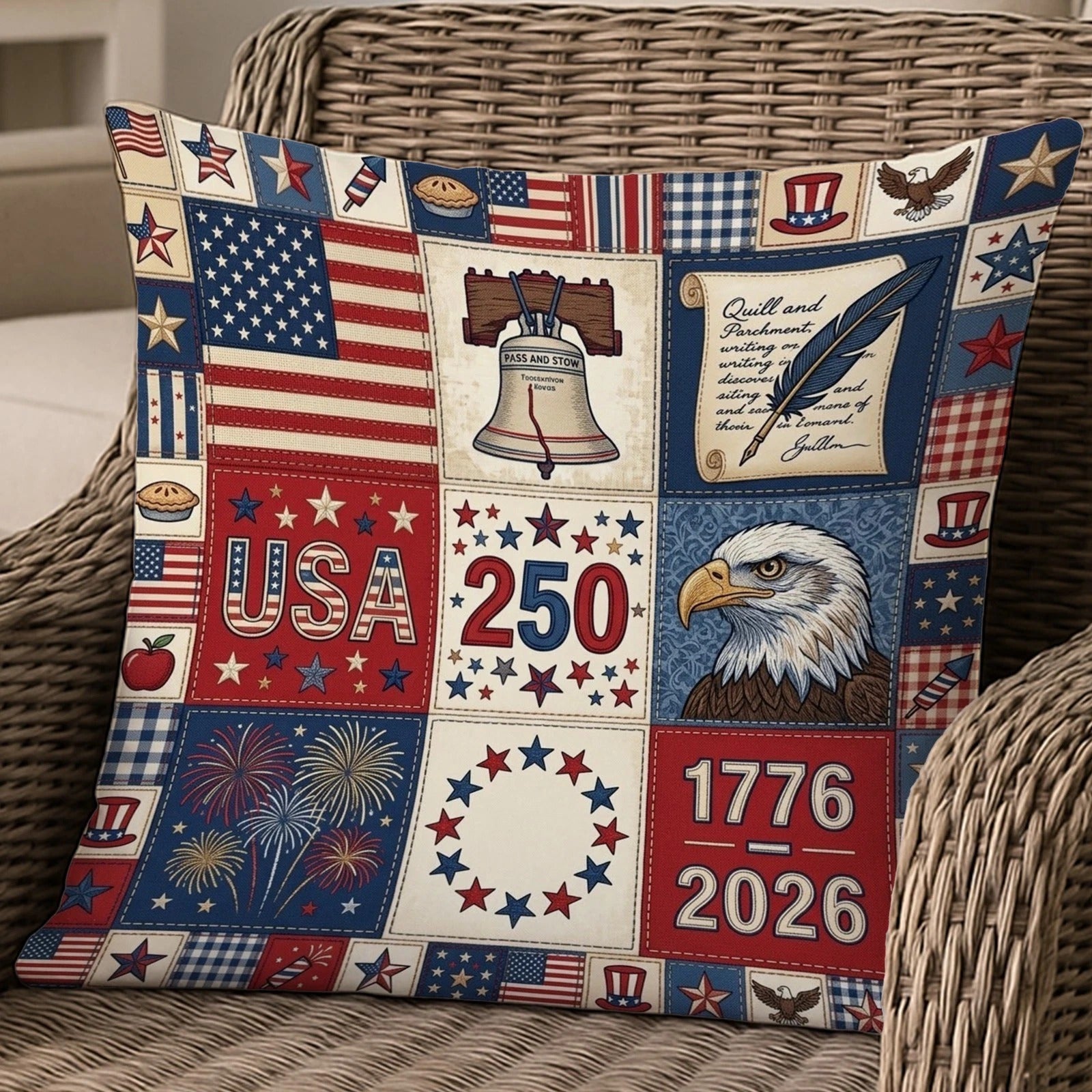 USA 250th Anniversary Throw Pillow Case 1776-2026 Patriotic Eagle Liberty Bell